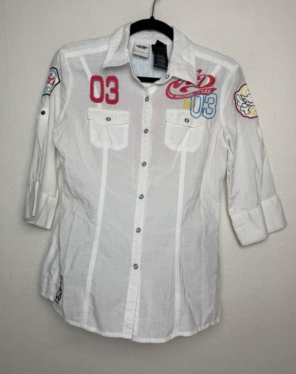 Harley-Davidson Tops - Harley Davidson Womens XS Pearl Snap Long Sleeve Shirt Patches Embroidered White
